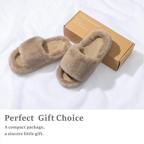 Chantomoo Women's Blue Memory Foam Faux Fur Lined Open Toe Slippers for Women - US 12 thumbnail 5