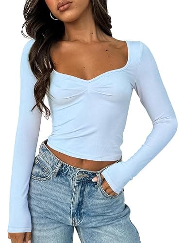 TiulZial Women's Long Sleeve Going Out Crop Top Sexy Pleated Trendy Shirt Sweetheart Neck Y2K Ruched Cropped Tops - Image 1