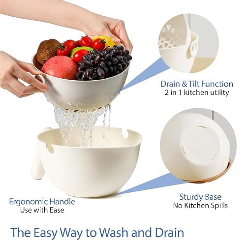 Chef's Path 2 in 1 Kitchen Strainer and Colander for Kitchen, Multifunctional Food Strainer Set, BPA Free Plastic Colander with Handle, Pasta Drainer, Veggie and Fruit Cleaner - White thumbnail 3