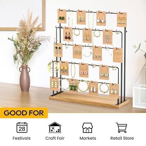 ORLESS Jewelry Display for Vendors, Earring Display Stand for Selling, Necklace Display Holder for Selling, Earring Cards Organizer for Bracelets, Rings, Jewelry Towers, Original Wood (35 Hooks) thumbnail 5