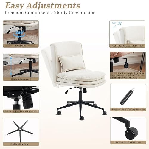 VINGLI Cloud Criss Cross Legged Chair,18" High Back Armless Home Office Desk Chair with Wheels,Wide Adjustable Comfy Padded Seat Task Computer Chair,Modern Swivel Makeup Vanity Chair,Microfiber,Beige thumbnail 7