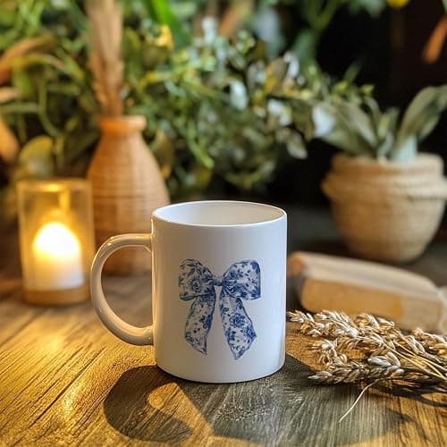 JKMBN Chinoiserie Bow Coffee Tea Mugs, Coquette Grandmillennial Bows Ceramic Coffee Mug, Vintage Blue Coffee Cup, 11oz Ceramic Cup White thumbnail 4