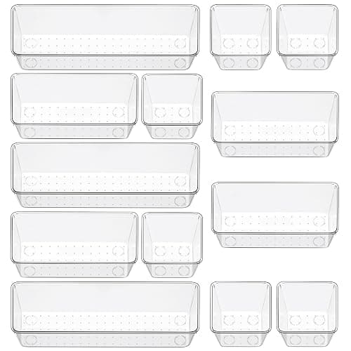 DESK | Amazon | 12 Piece Clear Drawer Organizer Set, 3 Sizes Bathroom Vanity Organizer Trays and Storage Bins for Makeup, Cosmetics, Jewelry, and Gadgets. Perfect for Office, Kitchen, Bedroom, Bathroom Use. - Image 1