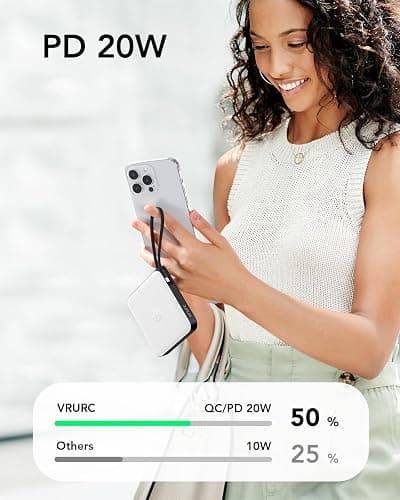 VRURC Battery Pack Charger Portable 10000mAh, 22.5W Power Bank Fast Charging with Built-in Cable, Cell Phone Power Bank for iPhone 17 16 15 & Early Series (White) thumbnail 4