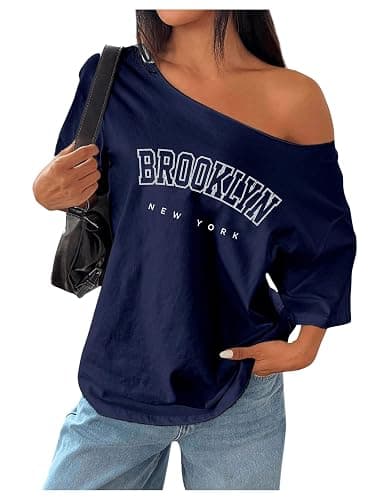 RoseSeek Women's Oversized Off Shoulder Graphic Tees Short Sleeve Bow Letter Print T Shirts Y2K Tops - Image 1