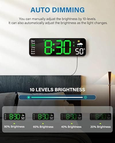 Digital Wall Clock, Digital Clock Large Display with Remote Control, Corded LED Alarm Clocks with Date, Week, Temp, Humidity, Auto DST, Countdown, for Living Room Bedroom Classroom Office (Green) thumbnail 3