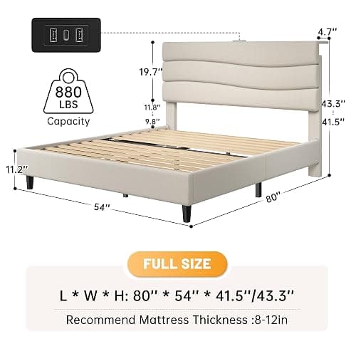 EnHomee Full Size Bed Frame with Fabric Headboard, Upholstered Full Bed Frame with 3 Charging Stations, Wooden Slats, Noise-Free, No Box Spring Needed, Beige thumbnail 2