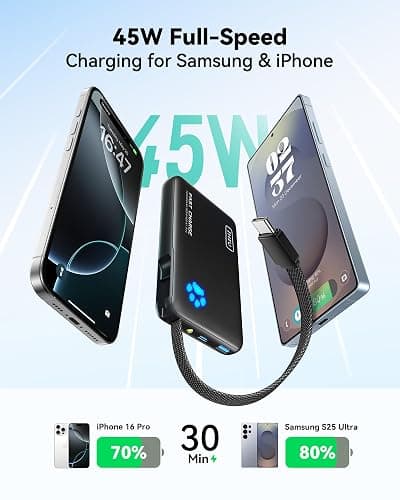 INIU 45W Power Bank, Fast Charging Portable Charger with Built-in USB C Cable, 10000mAh Small Type C Powerbank, Battery Pack for iPhone 17 16 15 14, iPad, Samsung S25 S24 etc Travel Camping Essentials thumbnail 2