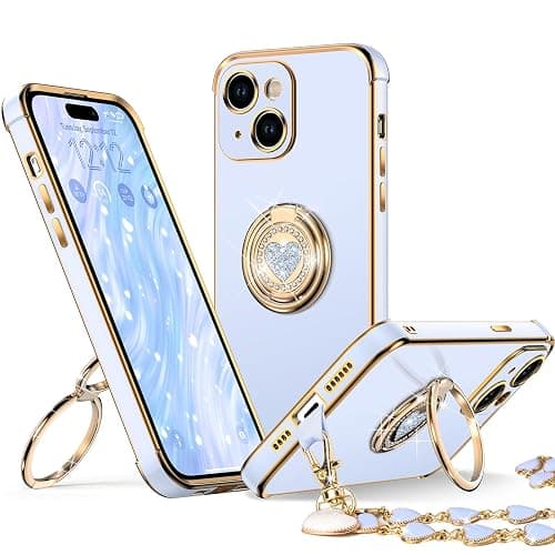 XYZ for iPhone 15 Case with Stand, Phone Case with Double Ring Kickstand, Women Girls Bling Luxury Protective Case Heart for iPhone 15, Blue - Image 1