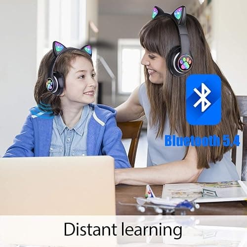 TCJJ Bluetooth 6.0 Cat Ear Kids Headphones for Girls, LED Light Up, 85dB Safe Volume Limit, Stereo Sound Toddler Foldable Wireless & 3.5mm Wired Headset with Mic for School, Tablet, Travel thumbnail 3