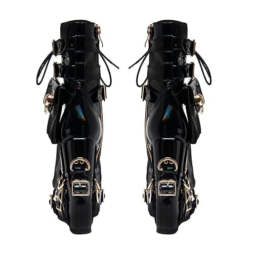 Heronticy Women's Black Patent Lace-Up Ankle Bootie with Gold Buckles, Platform Wedge Heel, and Side Zipper thumbnail 7