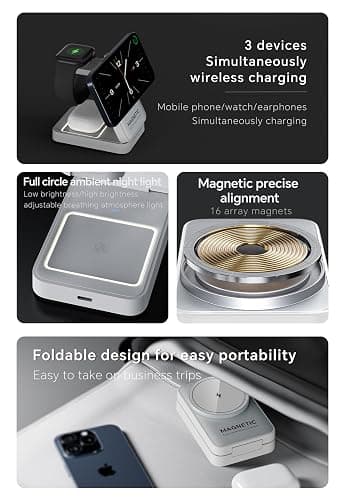 2025 Upgraded 3-in-1 Wireless Charger for iPhone,Travel Magnetic Charger Stand Nightlight Foldable Wireless Charging Station Compatible with Magsafe Charger&iPhone 17/16/15/14/13,Apple Watch&AirPods thumbnail 5