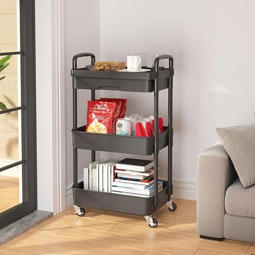 Calmootey 3-Tier Utility Cart with Drawer & Wheels, Storage for Home,Office | Space-Saving Organizer, Sturdy Plastic Shelves, Smooth-Rolling Metal Wheels, Built-in Drawer for Small Items, Black thumbnail 5