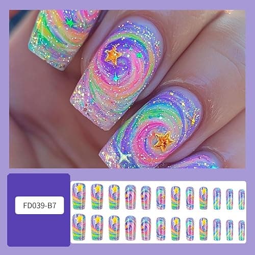 TBRZTR Stars Press on Nails Medium Square Colorful Starry Sky Pattern Design Gradient Fake Nail Acrylic Artificial Glue on Nails Full Cover Glossy Press Ons Stick on Nail for Women Manicure 24Pcs thumbnail 2