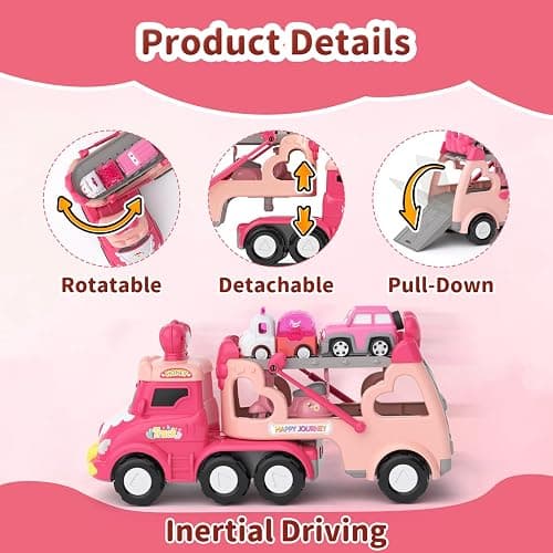 Toddler Girl Truck Toys for 2 3 Year Old Girl Birthday Gifts, 7-in-1 Pink Princess Car Transport Carrier Trucks for Toddlers 2-4, Friction Power Toy Cars with Lights & Music, My daughter First Gift thumbnail 4