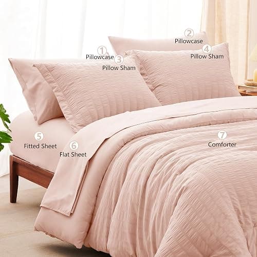 CozyLux King Size Comforter Set Blush Pink Seersucker 7 Pieces Bed in a Bag King Comforter Set with Sheets, Luxury Bedding Set with Down Alternative Comforter, Sheets, Pillowcases & Shams All Seasons thumbnail 6