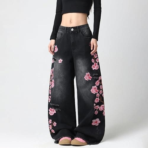 bestshark Baggy Women’s Wide Leg Jeans High Waisted Baggy Denim Pants Loose Fit Y2K Graphic Jeans Black thumbnail 7