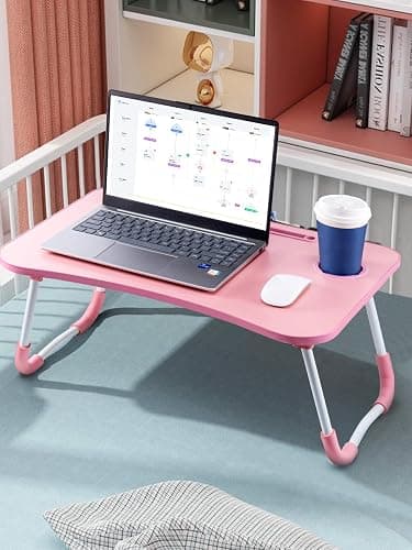 CROWNSHOP Laptop Table, 60 X 40 X 28cm Bed Table, Bed Desk Stand With Foldable Legs & Cup Slot Notebook Stand Computer Laptop Bed Table Laptops Tray For Sofa Bed, Pink (Pink) thumbnail 2