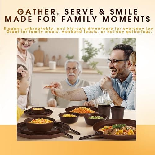 40 Piece Plastic Dinnerware Set for 8 with Cutlery, Unbreakable Plates and Bowls Set, Dishwasher & Microwave Safe Reusable Dish Set for Camping, RV, Outdoor Kitchen, Apartment Dining, Brown thumbnail 6