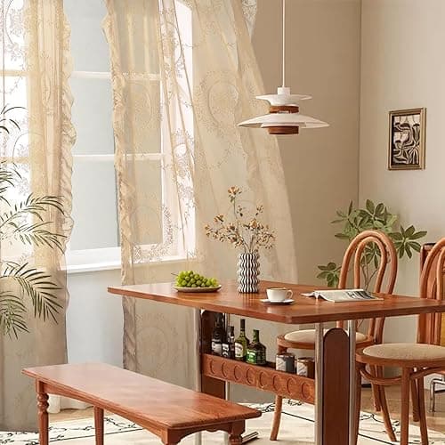 102 Inches Length Beige Lace Curtains for Bedroom 2 Panels Set Vintage Boho Curtains Sheer Floral Embroidery Ruffled Window Treatment - Image 1