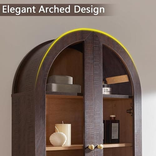 Bathroom Arched Wall Cabinet Over The Toilet Storage Cabinet, 23.5×31.4 Inch bathroom cabinet wall mount with Glass Doors & Adjustable Shelves, Wood Cabinet for Laundry Room, Bedroom Kitchen, Brown thumbnail 4
