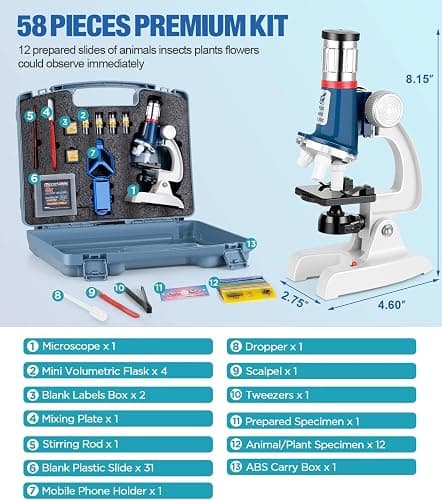 58-Piece Kids Microscope Kit - 100X-1200X Magnification Metal Microscope with LED Light & Slides, Portable Science Set with Carry Case, STEM Learning Toy for Kids Ages 5-12, Birthday Christmas Gift thumbnail 5