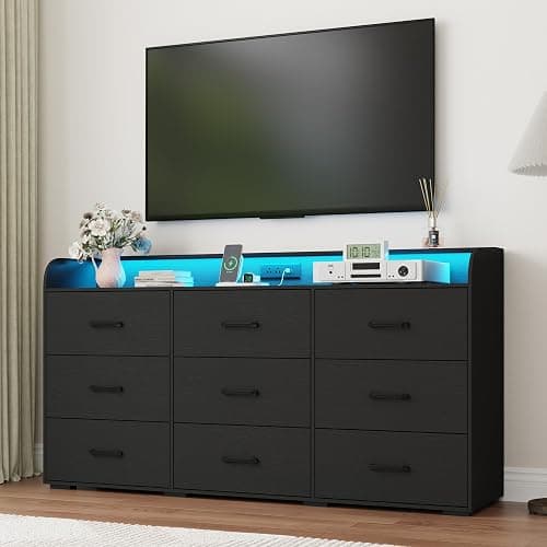 9 Drawers Dresser for Bedroom, 63" Wood Dresser with Power Outlet, LED Lights and Deep Drawers, Wide Chest of Drawers, Modern Minimalist Closet Dressers for Kids Bedroom, Living Room, Nursery, Black thumbnail 7