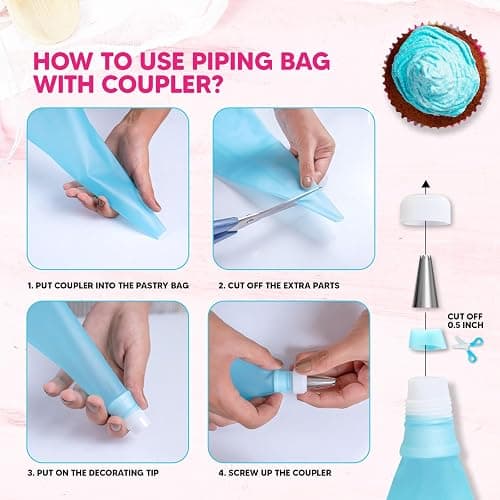 Riccle Piping Bags and Tips Set, 11.8 Inch 100 Anti Burst Piping Bags, 124 Pcs Cake Decorating Kit with 16 Piping Tips, 1 Reusable Pastry Bags, 3 Cake Scrapers, 2 Couplers, and 2 Icing Bags Ties thumbnail 4