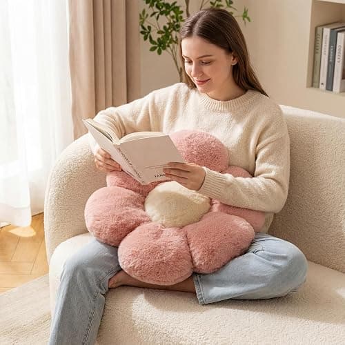 HonorHut Pink Plush Flower Throw Pillow Soft Thick Floor Sit Pads Aesthetic Cushion for Sofa Couch Chair Floor thumbnail 3