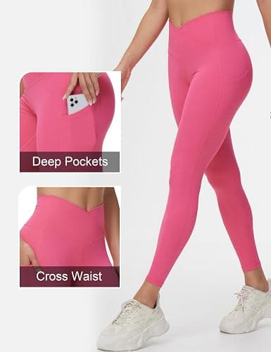 THE GYM PEOPLE Women's Cross Waist Workout Leggings Tummy Control High Waisted Athletic Yoga Pants with Pockets thumbnail 3