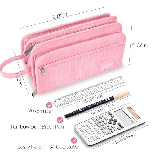 Sooez Large Pencil Case, Big Capacity Pencil Pouch Pen Bag with 3 Compartment, Portable Canvas Stationery Organizer with Zipper, Cute Aesthetic School Supplies for Teen Girls College, Pure Pink thumbnail 3