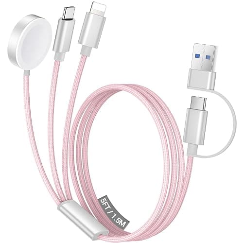 Temdan for Travel Vacation Essentials,3 in 2 USB C Cable for Apple Watch Charger/iPhone 17 Charger/Lightning,Multi Charging Cable Cord,Camping Essentials,Designed for iWatch &iPhone 16-12-5FT Pink - Image 1
