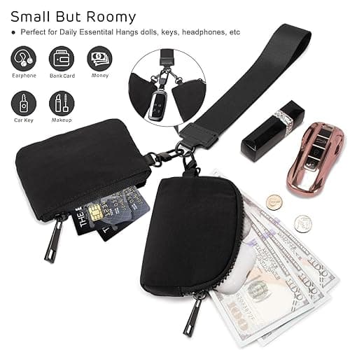 Viverte Mini Zip Around Keychain Wristlet Wallets Small Portable Dual Pounch Wristlet Detachable Coin Purse Pocket Gifts for Women Travel Sports Outdoors (Black+ Black) - Black+ Black thumbnail 4