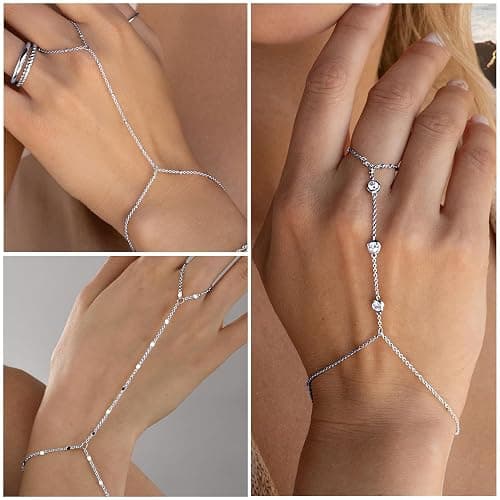 3PCS 14K Gold-Plated Hand Chain Bracelets for Women, Stack Bracelets Set Adjustable, Trendy Dainty Ring Bracelet Hand Chain thumbnail 5