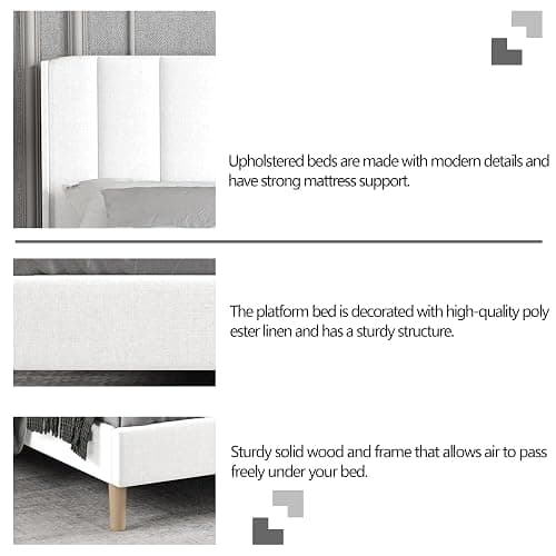 Zoophyter Full Size Bed Frame with Linen Upholstered Headboard, White | Linen Platform Bed, Heavy Duty Wooden Slats Support, 7.48" Under-Bed Storage, No Box Spring Needed, Easy Assembly thumbnail 5