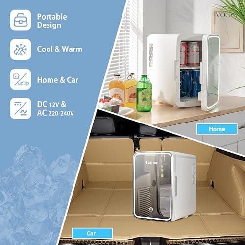 COSTWAY 10L Beauty Mini Fridge, 3-level Brightness AC/DC Skincare Refrigerator with Touch Screen Mirror, Removable Shelves, Portable Mini Cooler and Warmer for Skincare Cosmetics Bedroom thumbnail 6