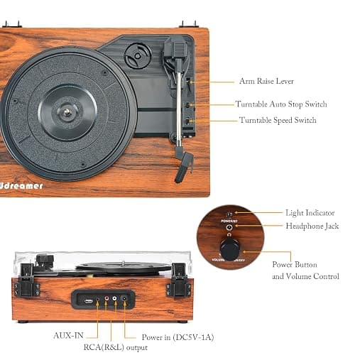 Vinyl Record Player Wireless Turntable with Built-in Speakers and USB Belt-Driven Vintage Phonograph Record Player 3 Speed for Entertainment and Home Decoration thumbnail 6