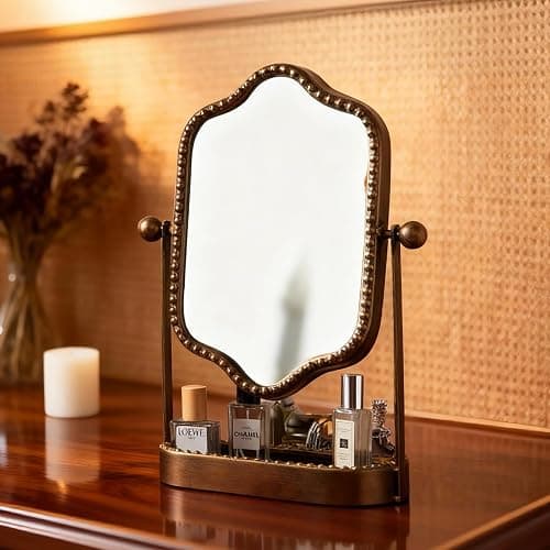HuiDao Vintage Makeup Mirror with Tray, 360° Rotatable Antique Table Vanity Mirror with Stand, Metal Retro Desktop Dressing Mirror for Home Decor, Countertop, Bedroom, Bathroom, Living Room thumbnail 3