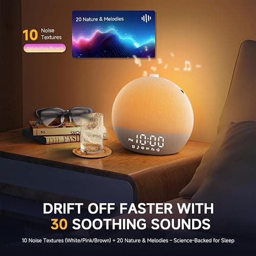 Geuuap Sunrise Alarm Clock White Noise Sound Machine for Bedroom | Natural Wake-Up Light with 30 Soothing Sleep Aids, Bluetooth Speaker, Dimmable Clock, Screen-Free Design for Baby Adults Kids-White thumbnail 4