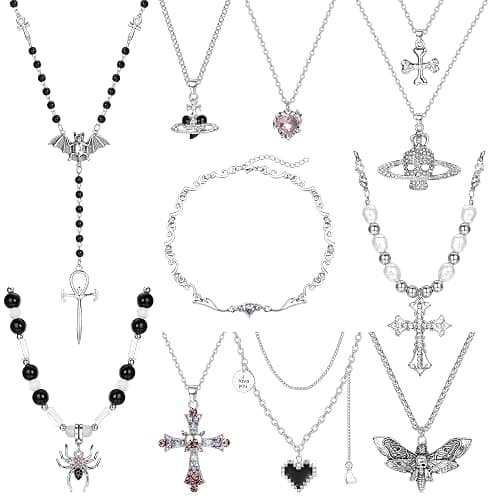 Subiceto Vintage Gothic Necklace Set for Women Punk Grunge Cross Heart Bat Spider Angel Wing Saturn Skull Pendant Layered Choker Statement Necklaces - Image 1