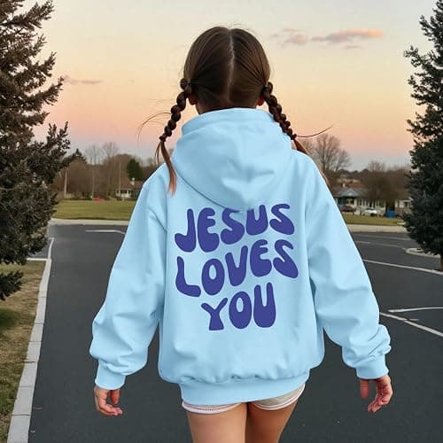 Kelxjia Christian Jesus Loves You Hoodie For Teen Girls Cute Graphic Hoodies Kids Bible Verse Faith Sweatshirt God Pullover thumbnail 5