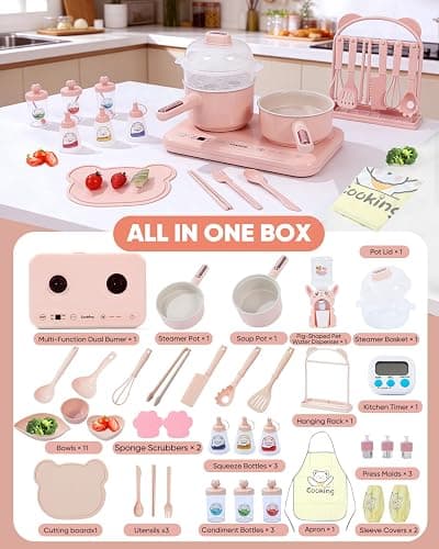 Kids Cooking Sets Real Electric Dual Stove - Montessori Real Cooking Set with Mini Kitchen Tools, Safe Utensils, Apron & Cookware - Great for Pretend Play Montessori Learning (Pink) thumbnail 2