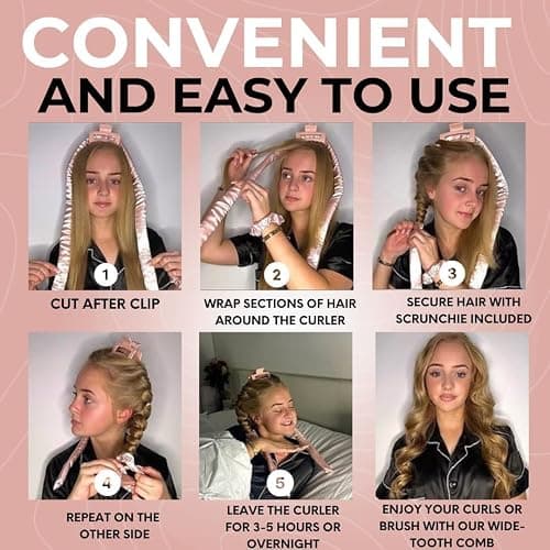 Lily England Heatless Hair Curlers to Sleep In - No Heat Curling Gift Set Includes Satin Headband, Hair Clip, Comb & 2 Scrunchies - Sleek & Smooth Overnight Curls (Pink, 5 Pack) thumbnail 7