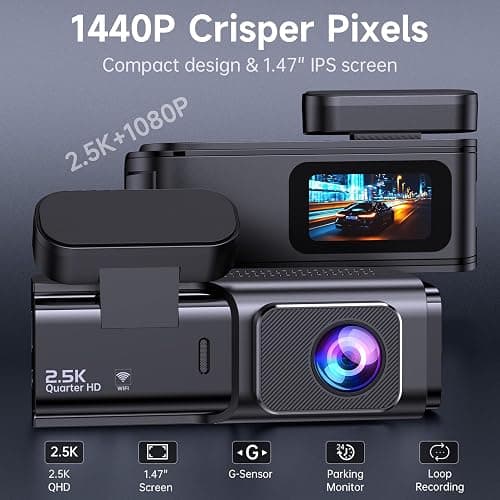 Dash Cam Front and Rear, 2.5K+1080P Dual Dash Camera for Cars, Ecomoment Car Camera with 1.47" IPS Screen, Built-in Wi-Fi, 170° Wide Angle, Night Vision, G-Sensor, 24H Parking Mode, 32GB Card Included thumbnail 2