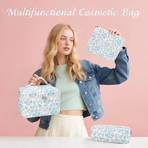 Givurao 3Pcs Cotton Quilted Makeup Bag for Women Girls, Large Floral Cosmetic Bag Set Cute Makeup Brushes Aesthetic Accessories Storage Bag Travel Toiletry Bag Organizer, Little Flower Blue thumbnail 7