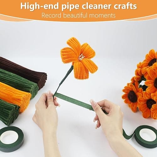 400 Pcs Golden Pipe Cleaners Craft for Flowers, 3 Colored Pipe Cleaner Flower Kit, Pastel Chenille Stems for Handmade Bouquet Wrapping Party Decorations with Floral Wire, Ribbons, Tape thumbnail 4