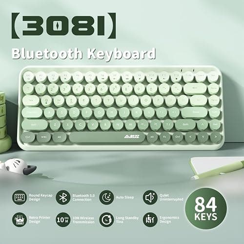 FELiCON Ajazz 308i Kabellose Retro Tastatur, Bluetooth Silent Cute Computer Tastatur mit Runder Punk Tastenkappe, Matte Textur Kompakte 84 Keys, QWERTY, Typewriter Design für PC, Laptop, Mac - Grün thumbnail 2