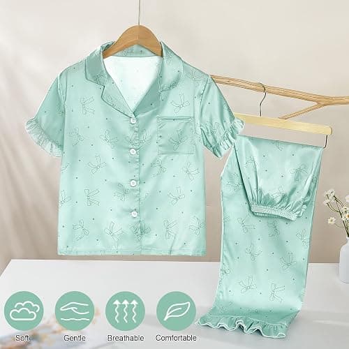 MHJY Schlafanzug Mädchen Set 8-14 Jahre, Kurzarm Pyjama mit Knopfleiste und Lange Hose, Weiches Seidig Nachtwäsche Kinder Teenager PJS thumbnail 5