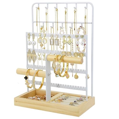 JONKASIPA Jewelry Holder Organizer Stand 4-Tier Necklace Stand Earring Holder with Wooden Tray, Jewelry Rack for Bracelets Watches and Rings Display Stand, Gifts for Women & Girls-White - Image 1