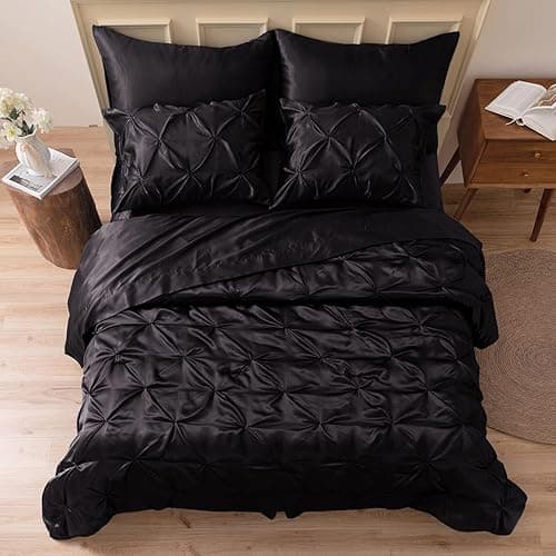 MR&HM Satin Comforter Twin 5 Pieces - Luxurious Pinch Pleat Bedding Set with Comforter, Flat Sheet, Fitted Sheet, Pillowcase & Sham, Super Silky Soft Bed Set for All Season (Twin, Black) - Black - Twin